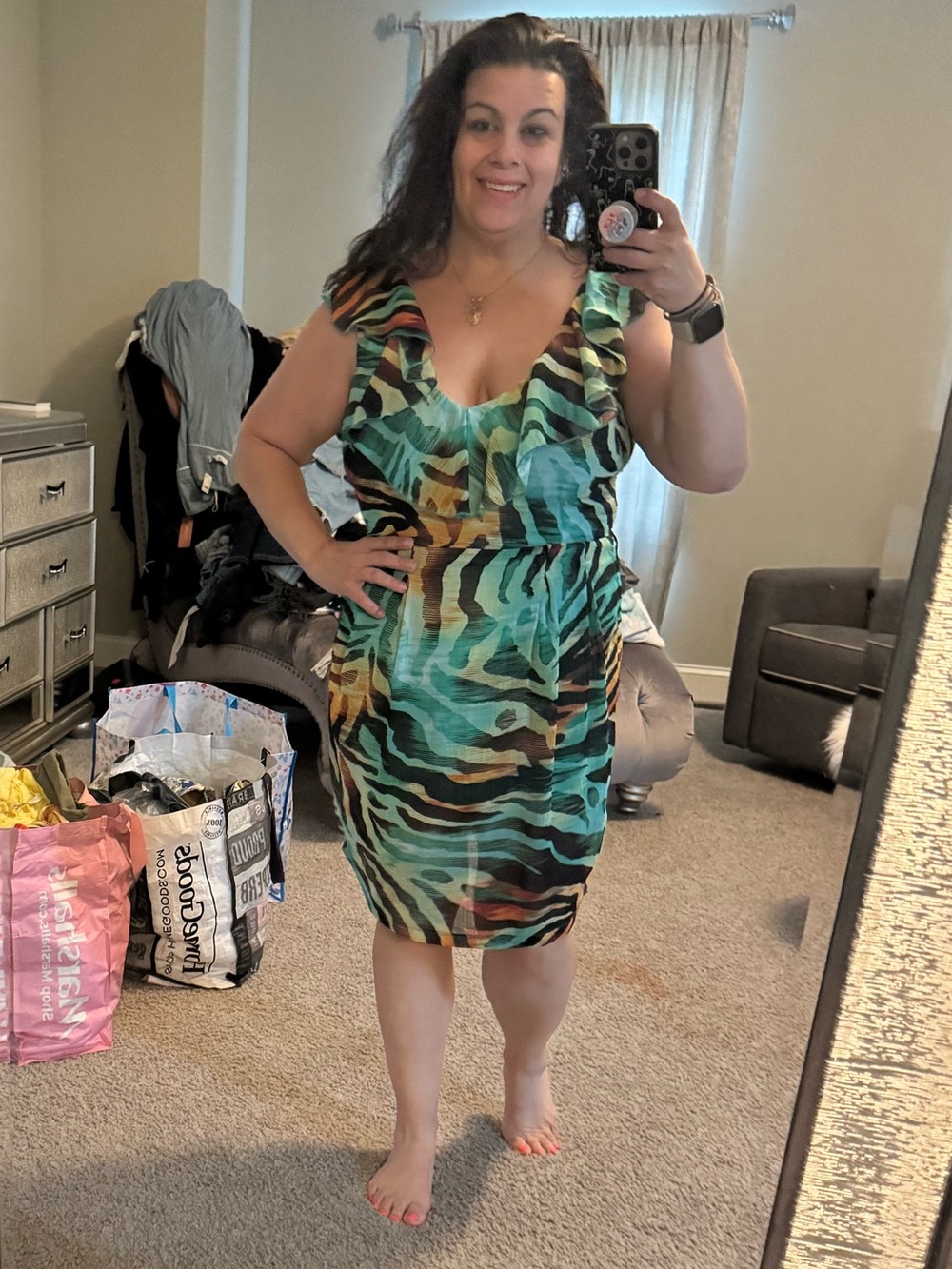 Bisou Bisou Tropical Animal Print Ruffle Dress Size 10 Flowy Stretch